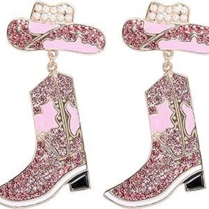 Rhinestone Western Boots Cowgirl Enamel Hat Bohemian Rodeo Earrings